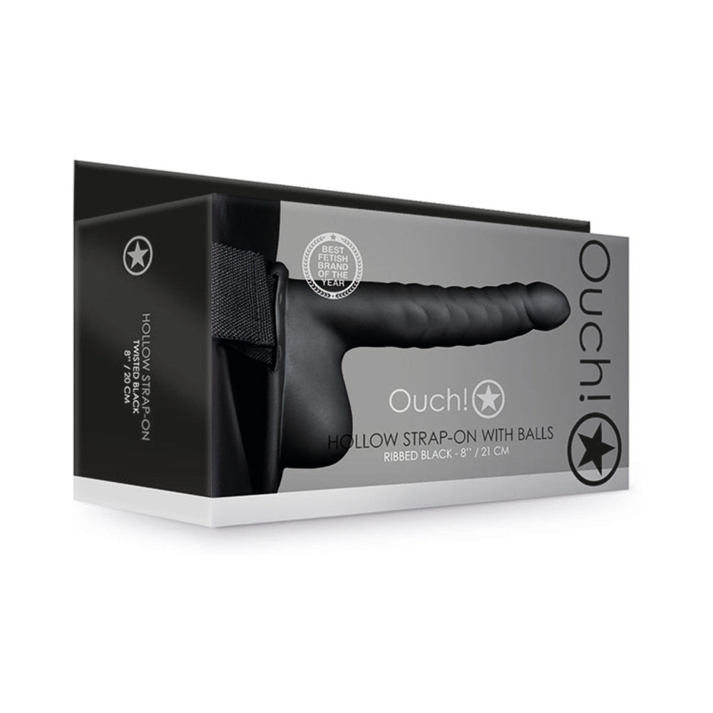 Ouch! Ribbed 8 ' Hollow Strap-On with Balls Black