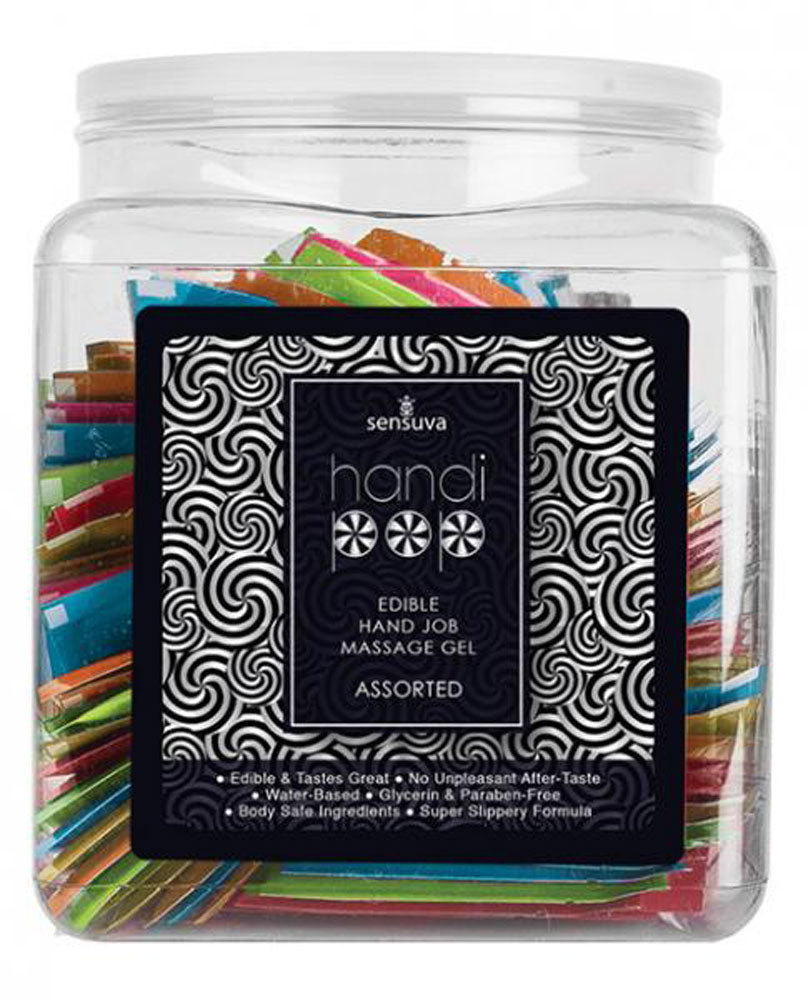 "Handipop Hand Job Massage Gel Assorted Flavor - 100 Piece Single Use Packet Tub SEN-VL680-100AF"