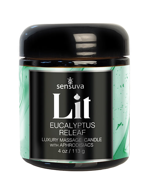 Sensuva Lit Eucalyptus &amp; Tea Leaf Releaf Luxury Massage Candle - 4 oz