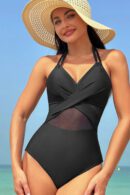 Black Halter Mesh Insert Cross Front One-Piece Swimsuit