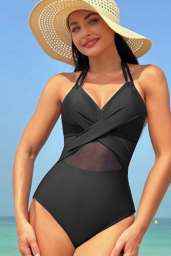 Black Halter Mesh Insert Cross Front One-Piece Swimsuit - Image 3