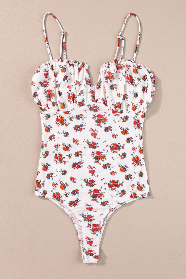 White Floral V Cut Frilled Trim Spaghetti Straps Bodysuit - Image 5
