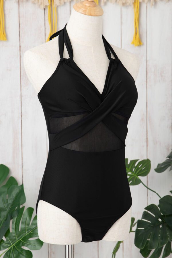 Black Halter Mesh Insert Cross Front One-Piece Swimsuit - Image 6