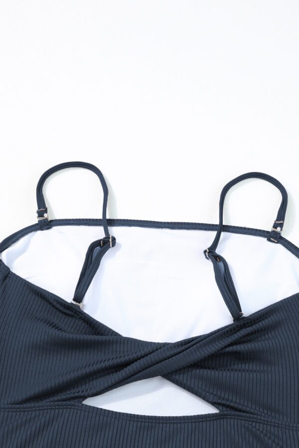 Navy Blue Ribbed Drawstring Sides Cutout One Piece Swimsuit - Image 15