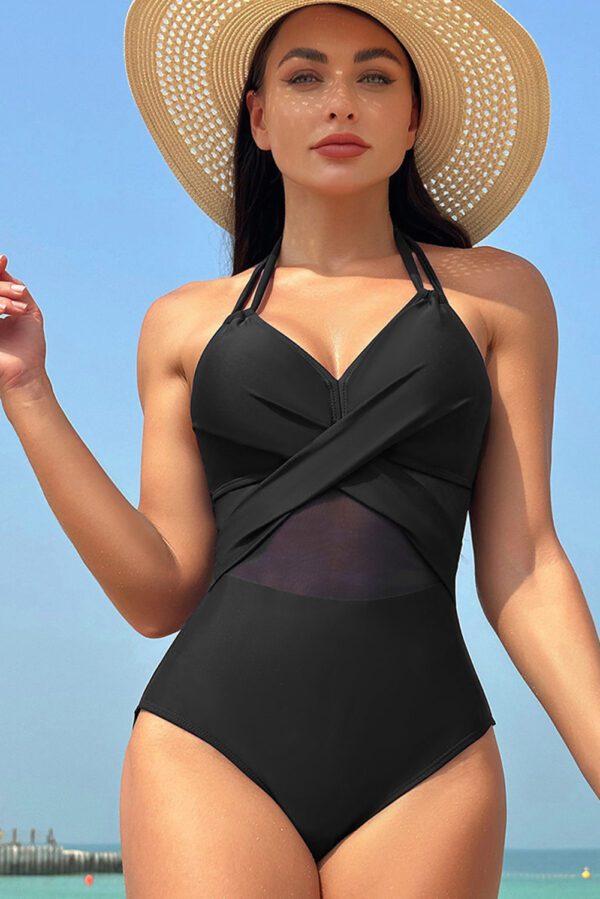 Black Halter Mesh Insert Cross Front One-Piece Swimsuit - Image 4