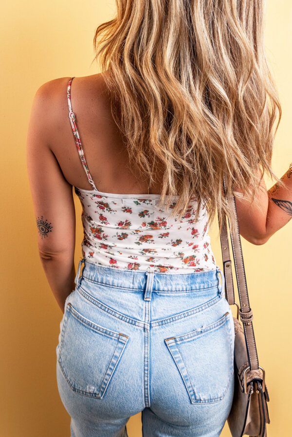 White Floral V Cut Frilled Trim Spaghetti Straps Bodysuit - Image 2