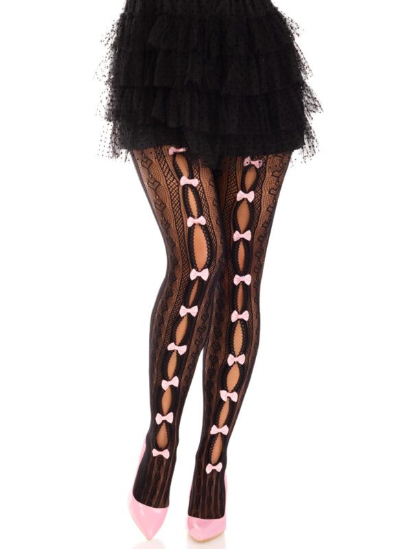 Sweetheart Striped Net Tights With Keyhole and Mini Bow Detail - One Size - Black