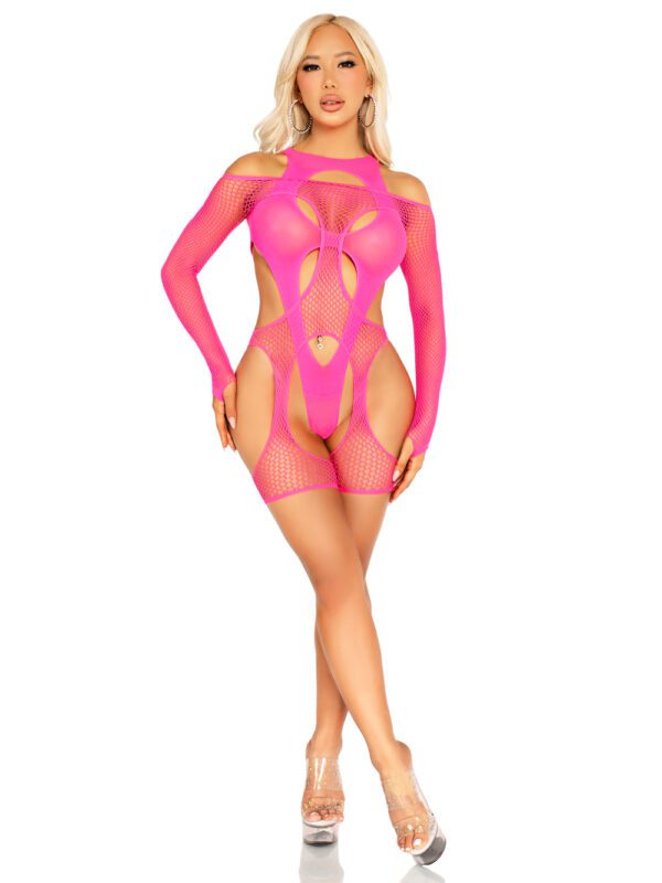 2 Pc Fishnet Garter Harness and Opaque Cut-Out Teddy O/s - Neon Pink