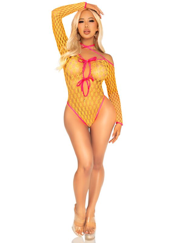 Eyelet Net Teddy With Tie-Front Keyhole Detail O/s - Neon Orange