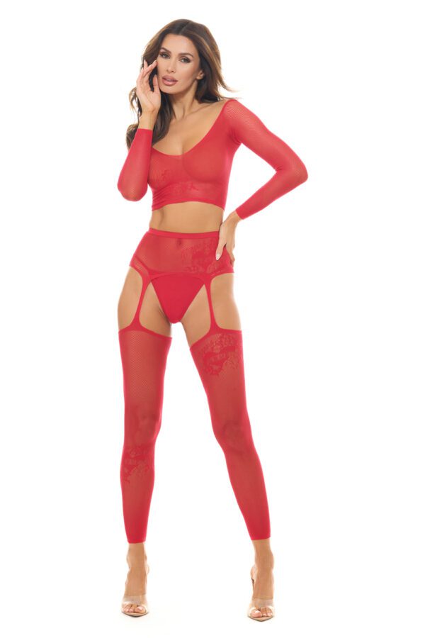 Permanent Mark Long Sleeve Top and Garter Bodystocking Red - Os